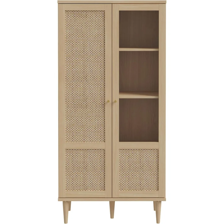 Forte CALASETTA Vitrine 80, Boho-Vitrinenschrank mit Rattangeflecht, 2-türig, Holzwerkstoff, Elegancia Eiche | Technorattan, 80,1 cm breit x 166,6 cm hoch x 41,4 cm tief – Bild 4