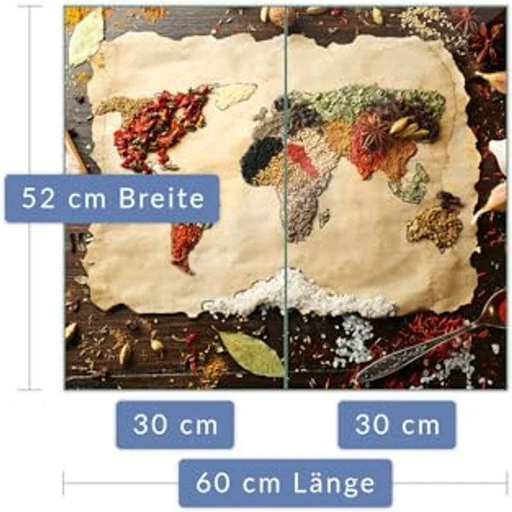 Herdabdeckplatte Abdeckung Ceranfeld Abdeckplatte Schneidebrett 2-Teilig 60x52 Gewürze Weltkarte Beige Spritzschutz Glasplatte Ceranfeldabdeckung Herdschutz Sicherheitsglas Glasschneidebrett 2x30x52 – Bild 2