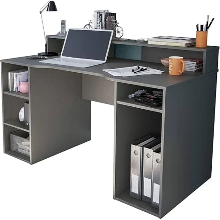 Dmora - Phoenix Schreibtisch, Moderner Multifunktions-Gaming-Schreibtisch, Studiertisch für PC und CD-Halter, Studiertisch mit Regalen, 136x67h88 cm, Anthrazit – Bild 3