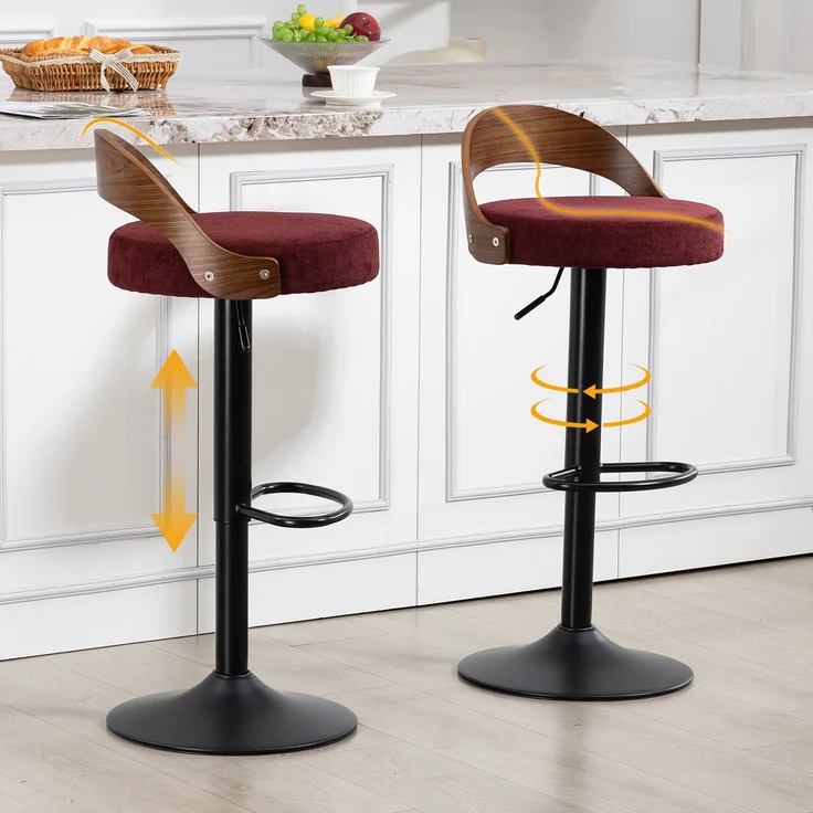 LVHOM Barstuhl 2er Set, 360° drehbarer Barhocker mit Rückenlehne und Fußstütze, höhenverstellbarer Tresenhocker aus Bugholz & Leinenstoff, Weinrot – Bild 1