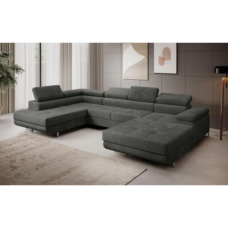 Sofa FERRO, moderne Couch mit verstellbaren Kopfstützen, ausziehbare Polstercouch, Sofa mit Schlaffunktion, zwei Bettkästen, U- Form - Monolith 92, 72 x 201 x 335 cm – Bild 1