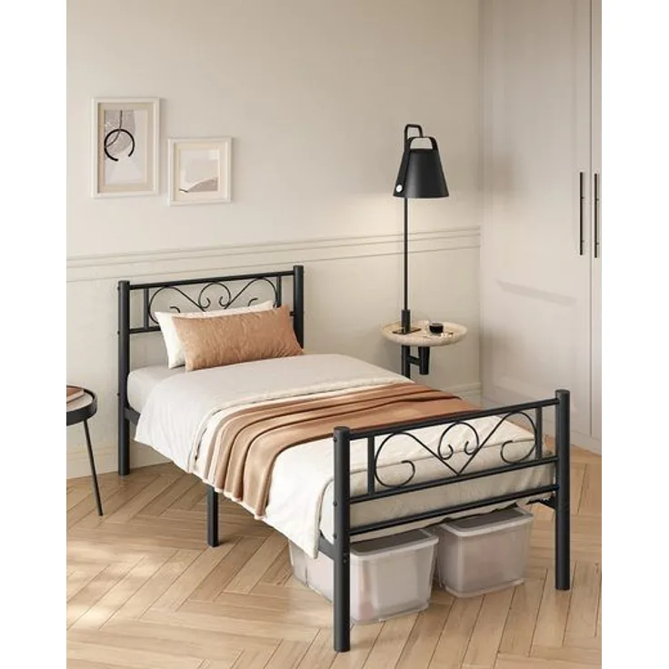 VASAGLE Bett 90 x 200 cm, Gästebett, Einzelbett aus Metall, Bettgestell, Bettrahmen, Metallbett, einfache Montage, tintenschwarz
