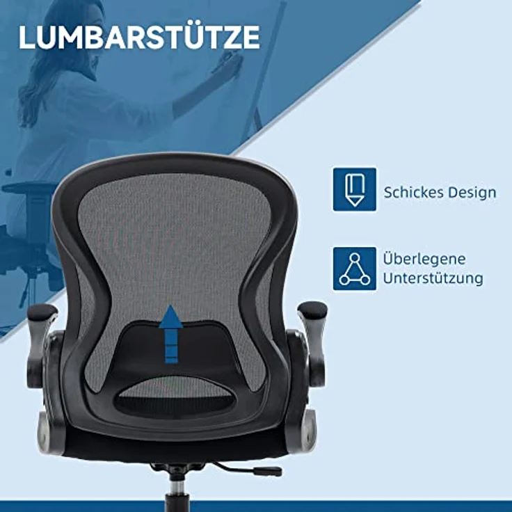 Vinsetto Ergonomischer Bürostuhl, Schwarz, höhenverstellbar mit Mesh-Gewebe und klappbaren Armlehnen, 65x122x59 cm – Bild 6