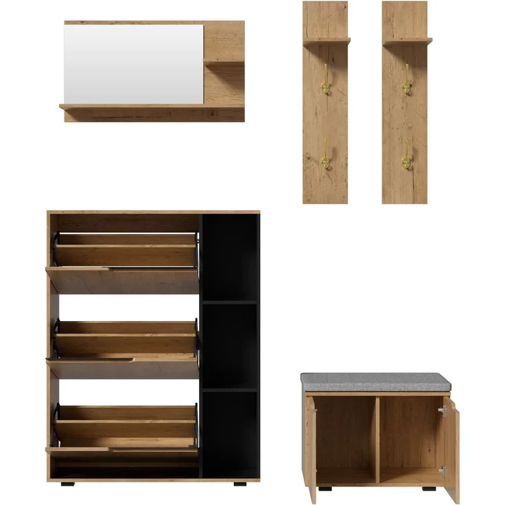 Garderoben-Set mit Spiegel, Schuhschrank und Schuhbank, 150x35x161,5 cm, Natur/Schwarz – Bild 6