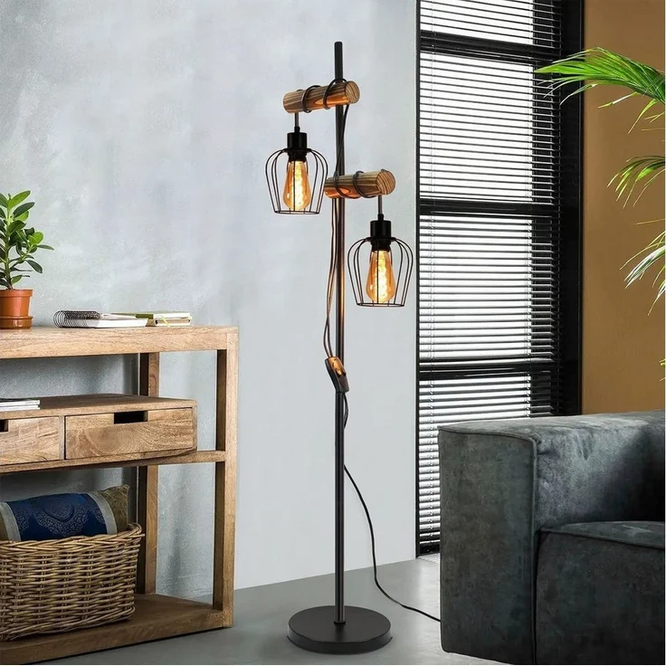 Nettlife Stehlampe Vintage Holz schwarz 151 cm hoch 2-flammiges, LED wechselbar, für Wohnzimmer schlafzimmer Esszimmer Büro – Bild 3