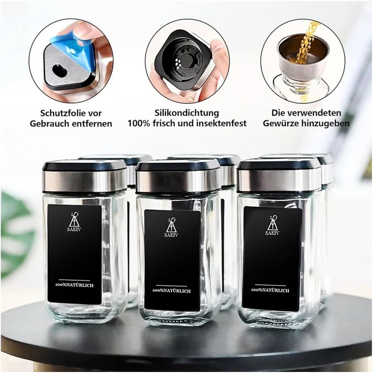 KingLux Gewürzbehälter 360° Rotation 120ml Gewürzgläser Eckig Set, Drei Kaliber, borosilikatglas, (Set, 12-tlg) – Bild 2