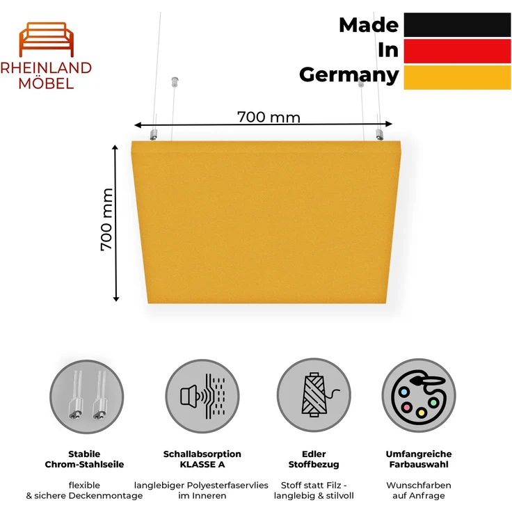 Rheinland Möbel FocusWall DAQ0707 – Quadratischer Akustik-Deckenabsorber 70×70 cm in Stofffarbe Solano inkl. Chrom-Stahlseilen - Made in Germany - Klasse A, Stoffbezug, schwer entflammbar – Bild 2