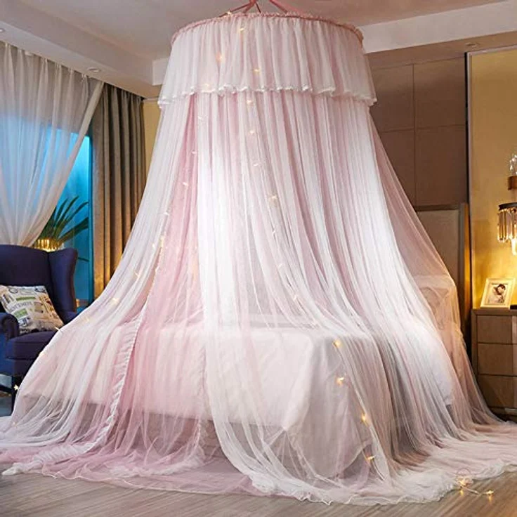VARWANEO Prinzessinnen-Betthimmel für Mädchen, Betthimmel, Vorhang, doppellagig, durchscheinendes Netz, kuppelförmig, Moskitonetz für Doppelbett, Queen-Size-Bett, Rosa/Weiß – Bild 2