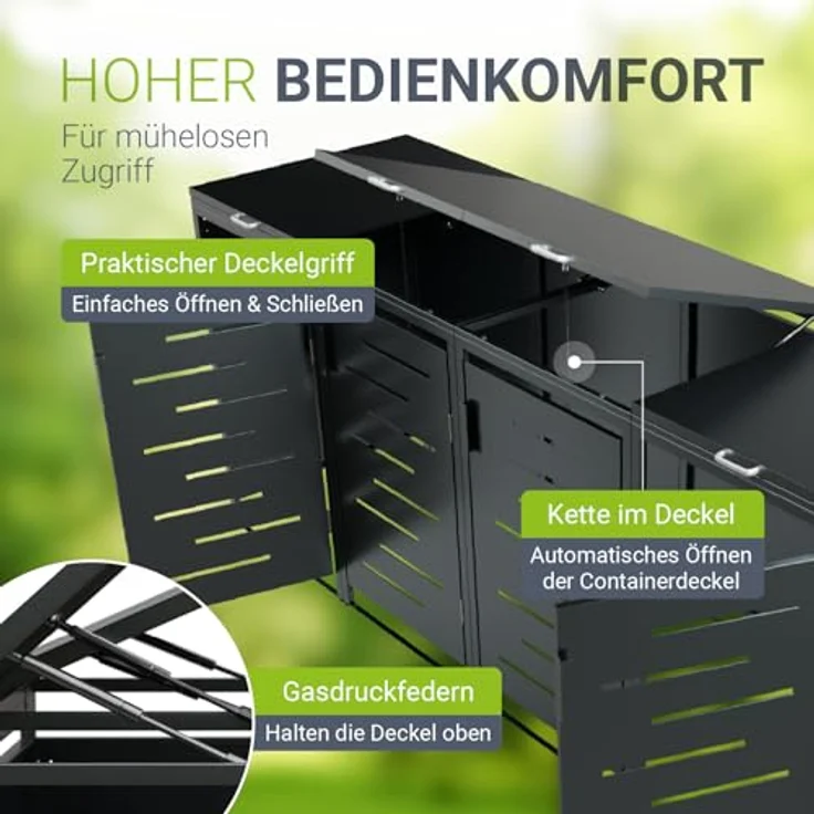 Juskys Mülltonnenbox Arel 4er - Metall Gartenbox für 120 bzw. 240l Mülltonnen - Aufbewahrungsbox - Unterstand mit Dach & Gasdruckfeder - Anthrazit – Bild 6