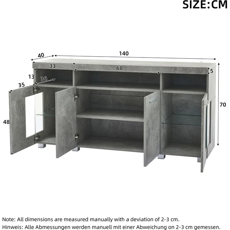 DESVIAE Sideboard mit LED-Beleuchtung und Glastüren, 140x70x40 cm, MDF und Spanplatte, Grau – Bild 10