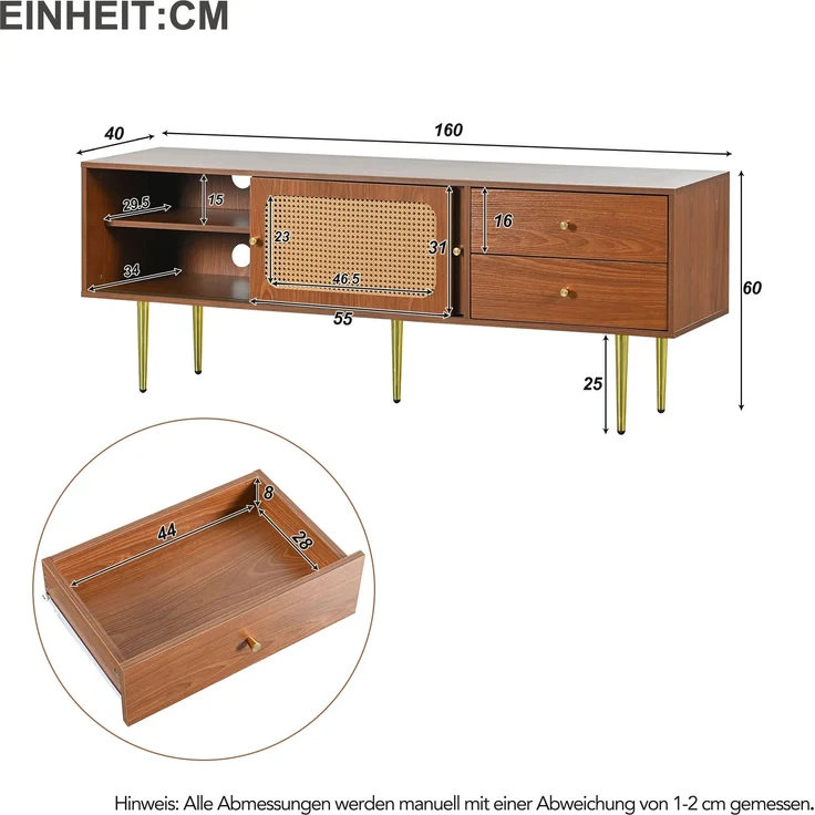 TV-Schrank, 160x40x60 cm, Walnuss-TV-Schrank mit Rattan-Schiebetüren, 2 Schubladen & Metallfüßen – Bild 10