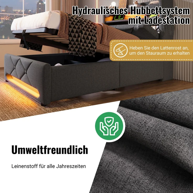 Polsterbett Betten mit Hydraulisch Stauraum, USB und Typ C-Port, LED-Funktion,Grau,140*200cm,ohne Matratze – Bild 8