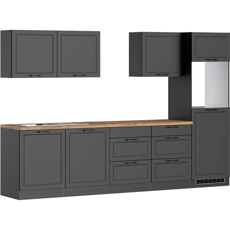 Küchenzeile 300 cm in grau, Arbeitsplatte in Eiche, MONTERREY-03 – Bild 1