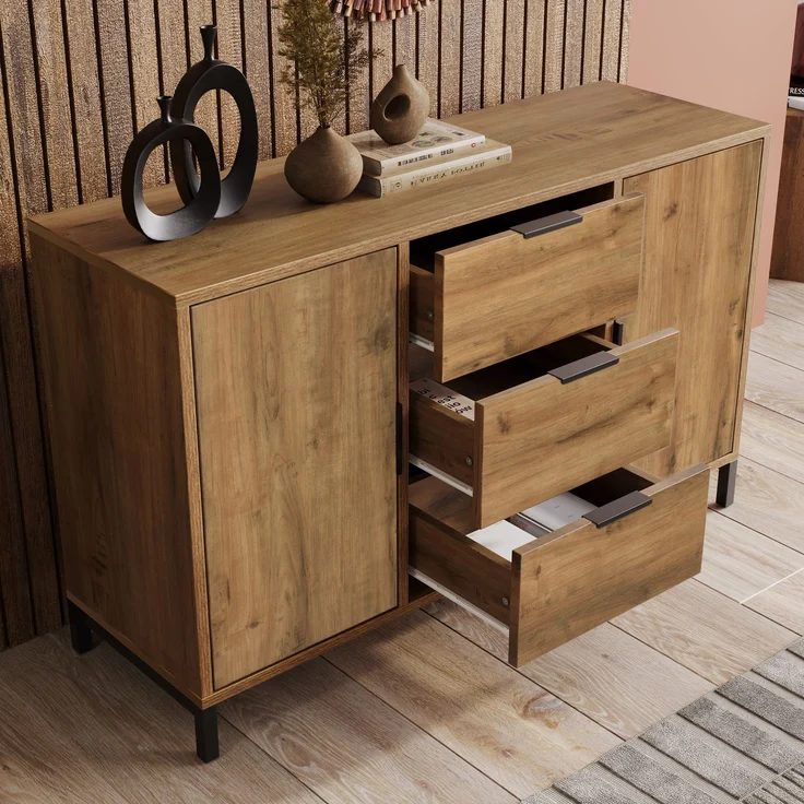 Türkommode mit 3 Schubladen in dunkler Eiche, Sideboard Industrial Design, Aufbewahrungsschrank mit höhenverstellbarem Fachboden – Bild 3