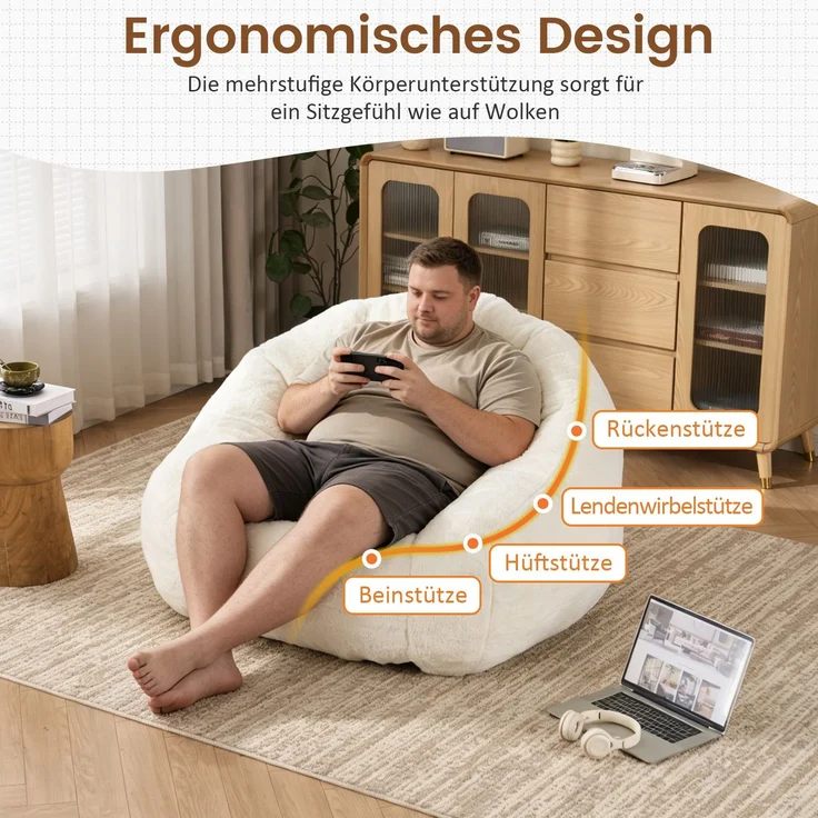 Sitzsack für Erwachsene, flauschiger Loungesessel aus Kunstfell, vakuumverpackt und montagefrei, für Wohnzimmer, Schlafzimmer, Balkon - Groß(Cremefarben)--Weiß--111x123x75cm--YOUDENOVA – Bild 5