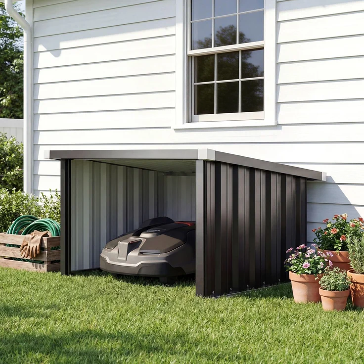 MELAYR, Unterstand/Garage für Mähroboter mit schrägem, verzinktem Stahldach, 108 x 86 x 62,5 cm, Dunkelgrau – Bild 3