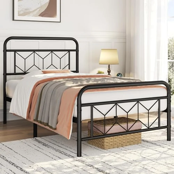 Yaheetech Bettgestell 90x190 cm, Vintage Metallbett Bettrahmen mit Hohem Kopfteil, Moderner Minimalistischer Einzelbett mit Lattenrost & Stauraum unter dem Bett, Gästerbett für Schlafzimmer, Schwarz – Bild 6