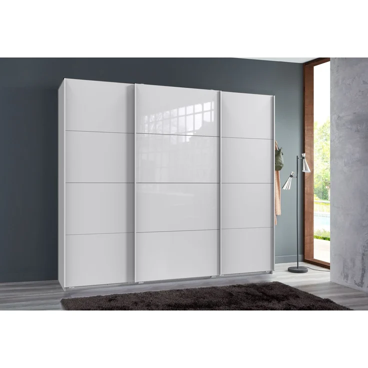 Schwebetürenschrank Kleiderschrank B225 cm H208 cm 3-türig Weiß, 1x Tür Glas Weiß – Bild 3
