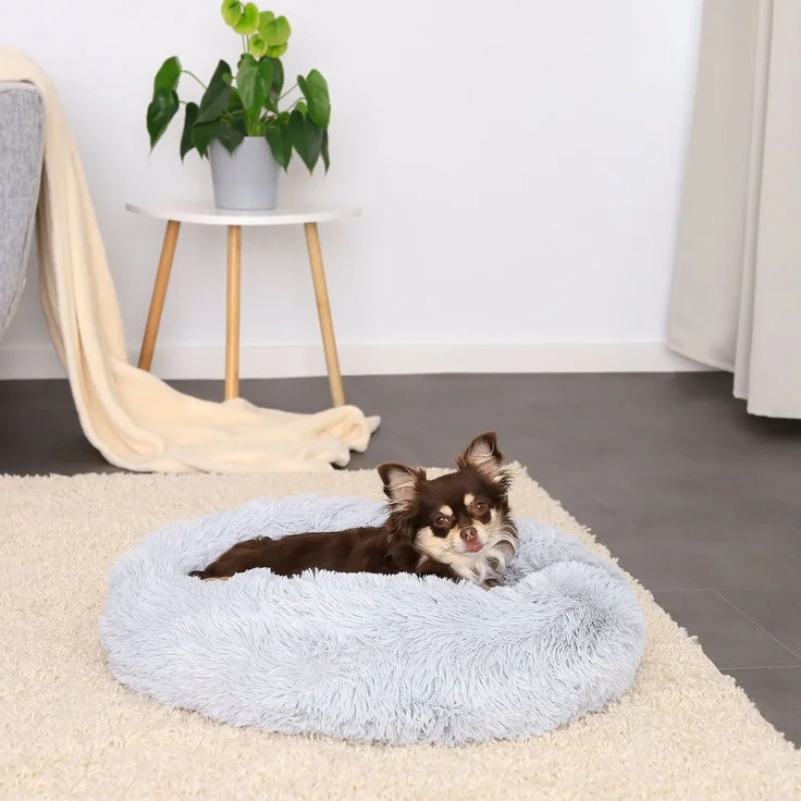 lionto Donut Hundebett, rundes Hundesofa mit Plüschbezug & Anti-Rutsch-Noppen, weich & gemütlich, 50 cm Durchmesser, hellgrau – Bild 2