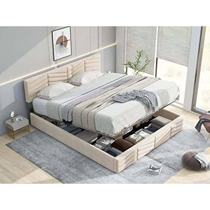 FAVSH Polsterbett 140x200 cm, Hydraulisch Doppelbett mit Lattenrost und Bettkasten, Streifen-Stil, Continentalbett, Samt Continentalbett, für Erwachsene&Jugendliche, ohne Matratze, Beige – Bild 8