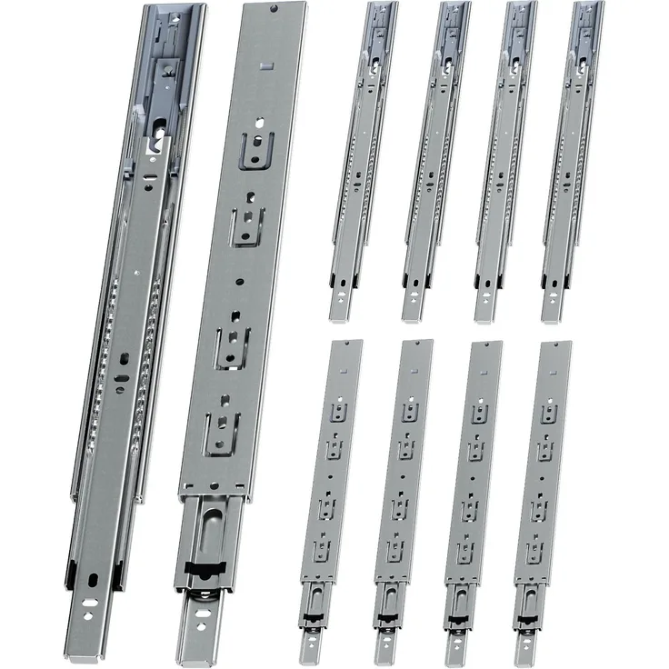 Eikuavons 5 Paar Schubladenschienen 400 mm Vollauszug, 3-teilig, Softclose mit Selbsteinzug, 45 kg Tragkraft, Schubladenauszug aus Stahl, kaltgewalzter Stahl, Silber