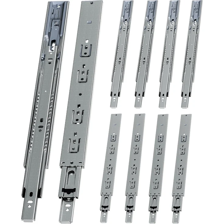 Eikuavons 5 Paar Schubladenschienen 400 mm Vollauszug, 3-teilig, Softclose mit Selbsteinzug, 45 kg Tragkraft, Schubladenauszug aus Stahl, kaltgewalzter Stahl, Silber – Bild 1