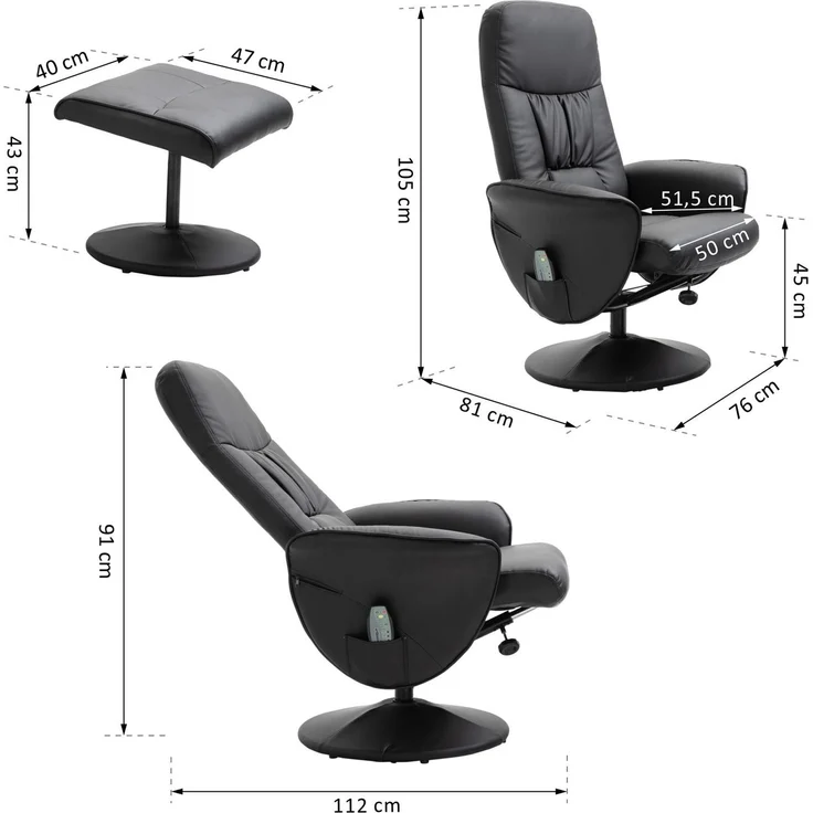 Massagesessel aus Kunstleder mit Hocker, 10 Massagepunkten, 76x81x105 cm, Schwarz – Bild 2
