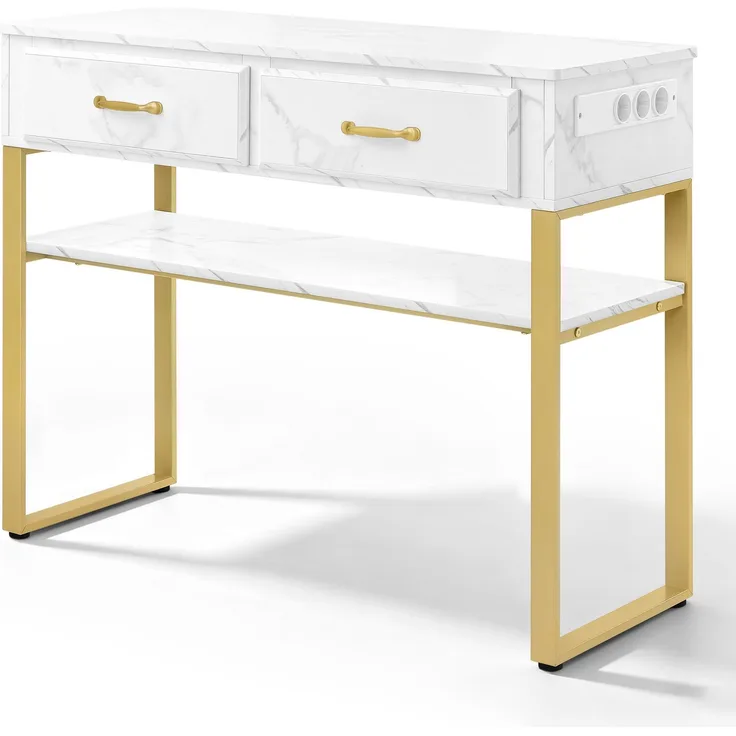 BarberPub Friseurtisch mit 2 Schubladen & Offener Ablage, Schreibtisch Marmor-Weiß Gold, Schminktisch ohne Spiegel, Friseurplatz für Friseursalon, Computertisch Schlafzimmer, 40x100x80cm, 3579