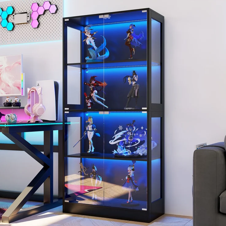 Merax 170 cm LED Vitrine, Glas Sammlungsvitrine Transparent, 4 Ebenen Stauraum, App-gesteuertes LED-Licht, Push-to-Open Türen, Vitrine für Figuren & Modelle, Schwarz – Bild 3