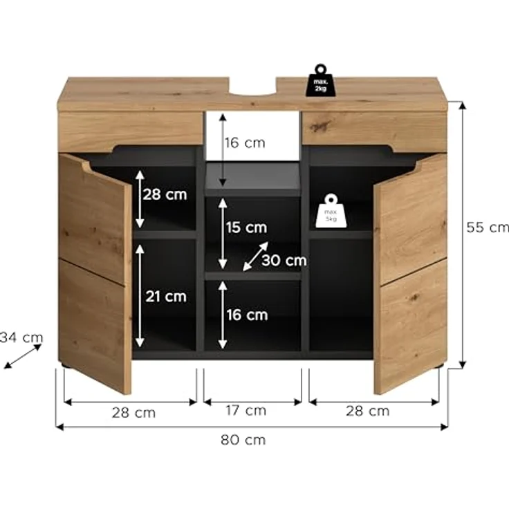 Xonox Canu Waschbeckenunterschrank (B/H/T: 80x55x34 cm) in Basalt grau Nachbildung und Artisan Nachbildung – Bild 4