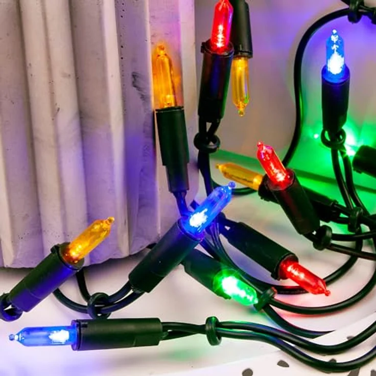 hellum Lichterkette innen mit 50 LED, mini Lichterkette bunte Lichter beleuchtete 7,35m, bunt strombetrieben mit grünem Kabel, – Bild 10
