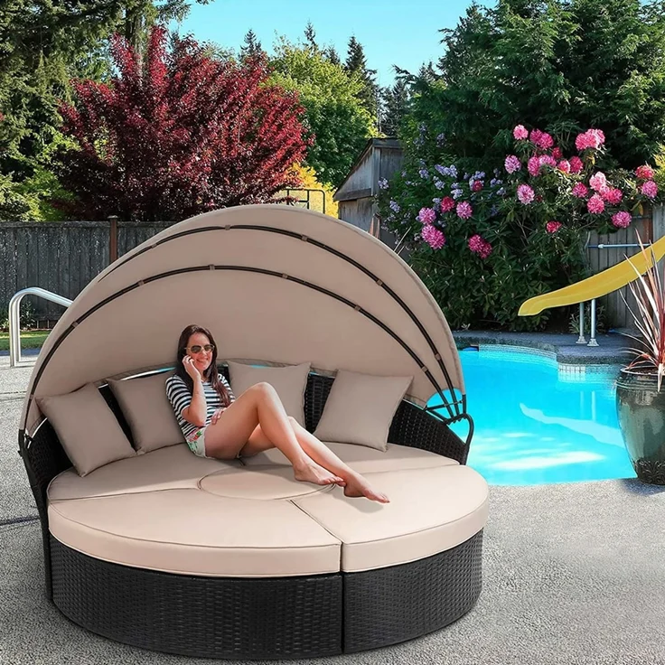 Sonneninsel 180CM Rattan Tisch Sonnenliege Polyrattan Gartenmuschel Sonnenliege – Bild 2