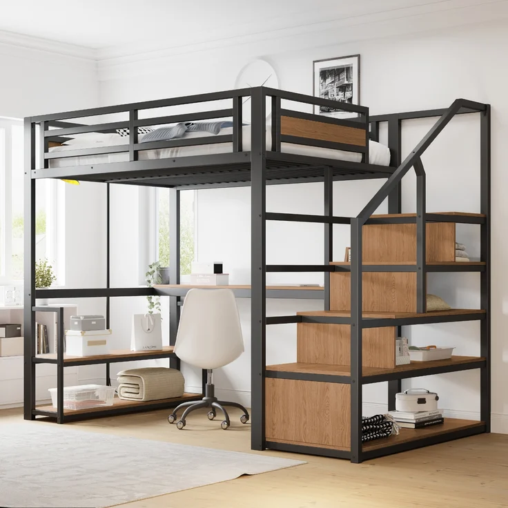 Metall-Hochbett mit Aufbewahrungsleiter,Regalen und Tisch Sicherheitszaun-Design mit gespleißten Metallplanken Hohes Eisenrahmenbett mit Metallrahmen für stabile Unterstützung,Metall,Schwarz,140 x 200 cm – Bild 1