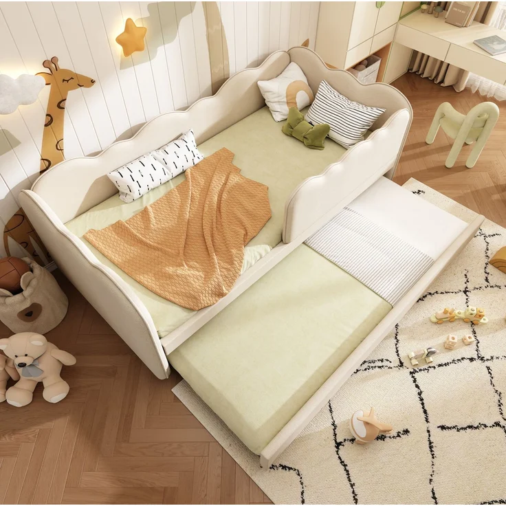 CHICFURN Bett aus Leinen Beige 90x190 cm mit Ausziehbett und gepolsterter Rückenlehne – Bild 1
