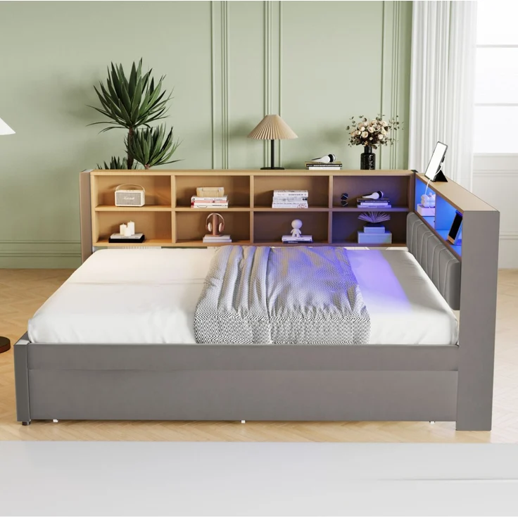 CHICFURN Bett aus Flanell Dunkelgrau 140x200 cm mit Ausziehbett 90x190 cm, LED-Beleuchtung und USB- und Type-C-Anschlüssen – Bild 9