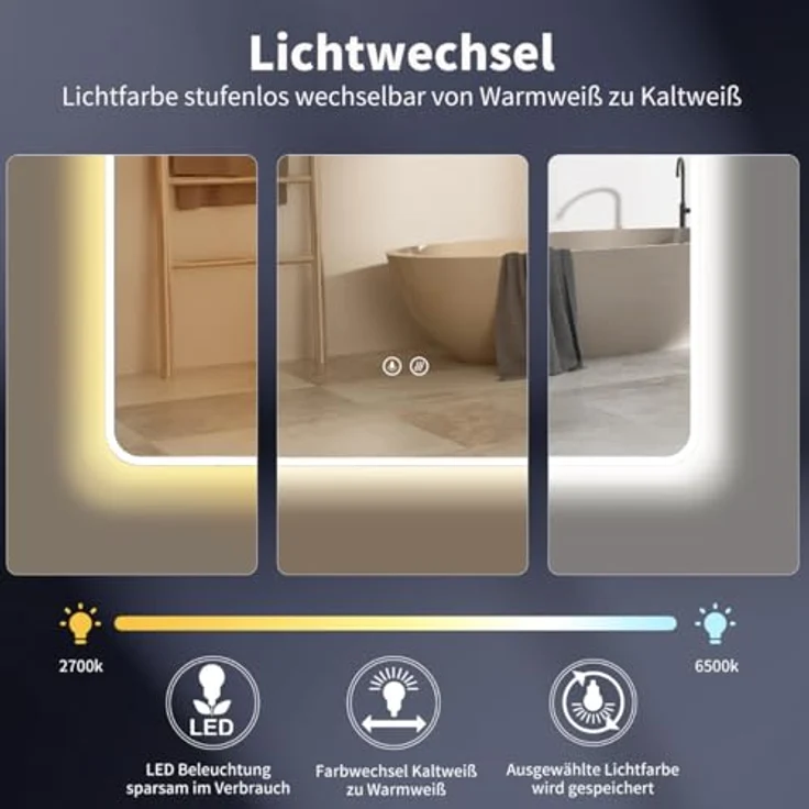 HOKO LED Badspiegel Kansas, 50x70 cm / 70x50 cm, Antibeschlag, Weißer Alurahmen, Touch Schalter, Speicherfunktion, Lichtwechsel 2700-6500K – Bild 3