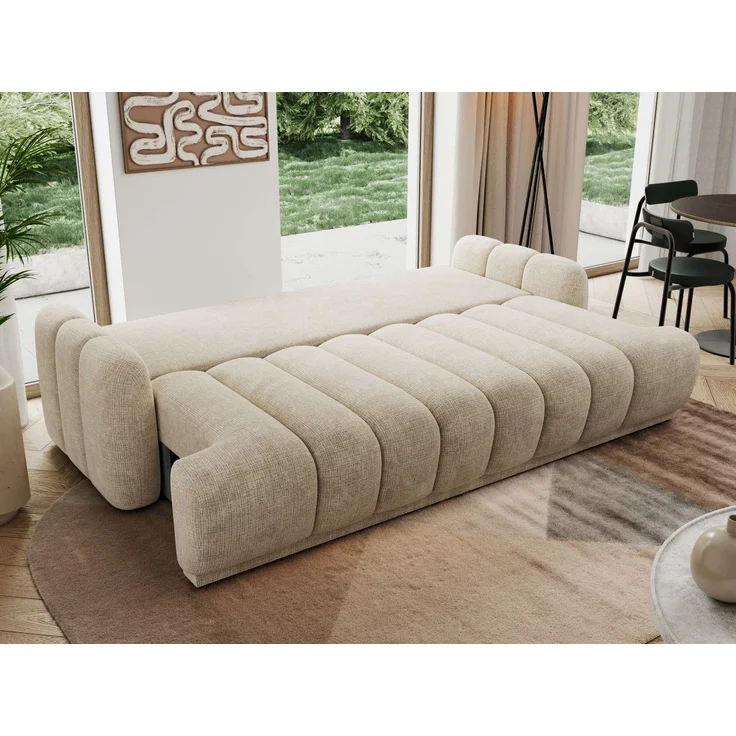 Schlafsofa ACCORDO 3-Sitzer mit Schlaffunktion, DL-Mechanismus, Wellenfederung & Massivholz, freistehend rundum bezogen - Beige Schenille grob gewebt – Bild 5