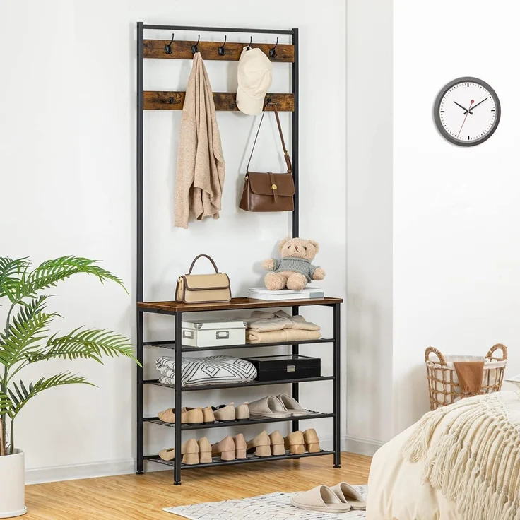 Industrie Design Garderobenständer Schuhregal 5 Ebenen Dunkelbraun Schwarz – Bild 2