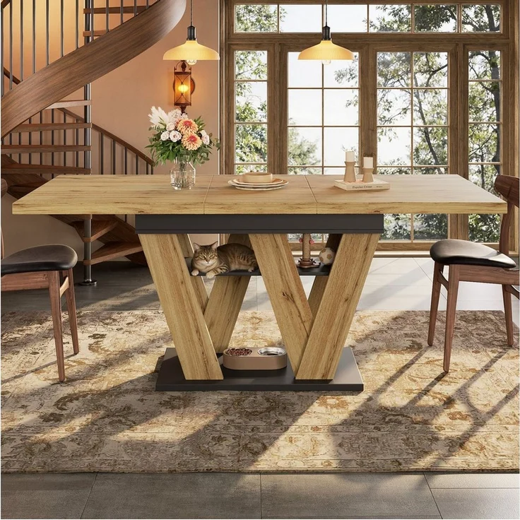 HAUSS SPOLE Esstisch mit Ablagefach,Küchentisch Ausziehtisch mit W-förmigen Beinen,Holz (Flexibler Teleskoptisch mit Stauraum, W-förmige Beine, 1-St, 119-158,5×80cm), Esstisch Teleskoptisch – Bild 2