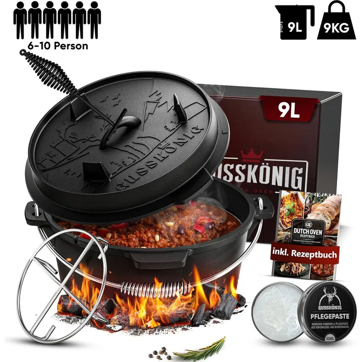 GUSSKÖNIG Dutch Oven Klassisch Topf ohne Füßen 9Liter Set