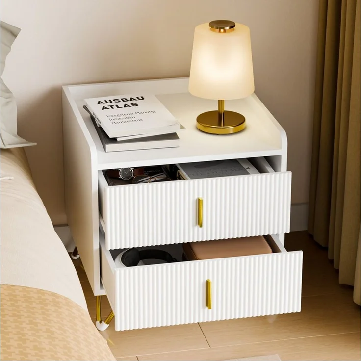 Mondeer Nachttisch Nachtkommode (2-St, 50 x 40 x 50 cm), mit 2 Schubladen, Kleiner Bettkasten in Weiß & Gold – Bild 3