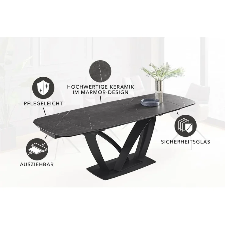 riess-ambiente Esstisch PAPILLON 180-260cm graphit / schwarz · Konferenztisch · Keramik-Platte (Einzelartikel, 1-St), ausziehbar · für 8-10 Personen · Marmor-Design · Metall · Industrial – Bild 4