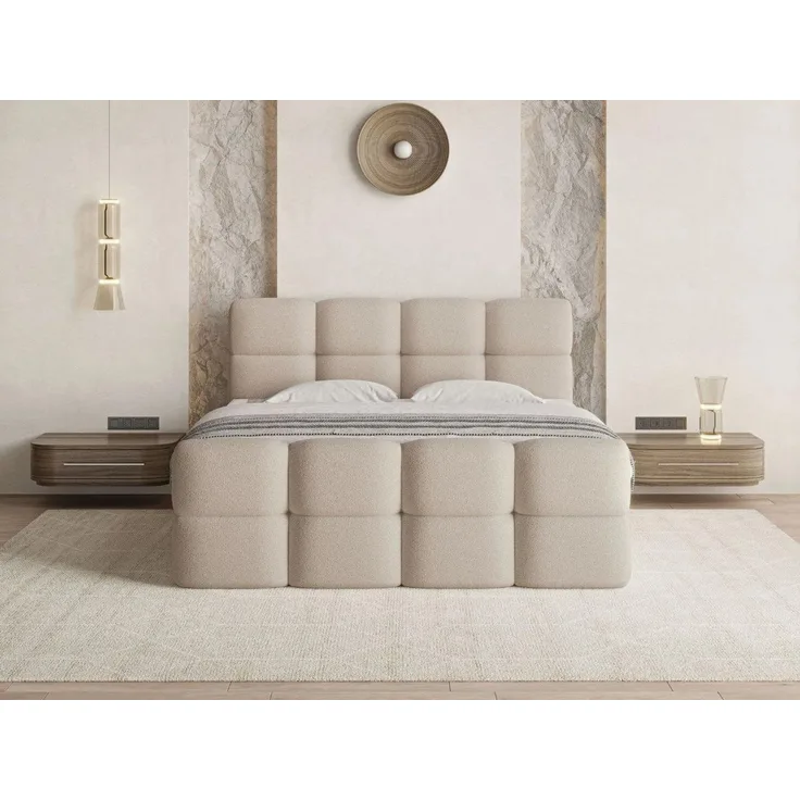 GrainGold Boxspringbett mit Bettkästen RIVON, Modern Bett mit Kopfteil - 160x200 cm, Beige (1x Bett + 1x Topper)