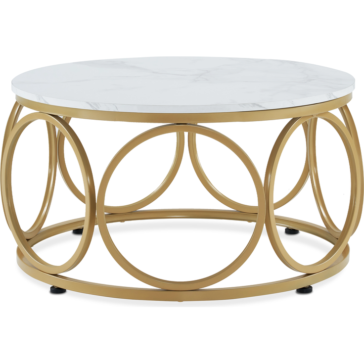 M MCombo Couchtisch Rund Holz, Modern Sofatisch Marmor Weiß Gold, Klein Kaffeetisch Metallgestell, Beistelltisch für Wohnzimmer, Durchmesser 80cm, 2102