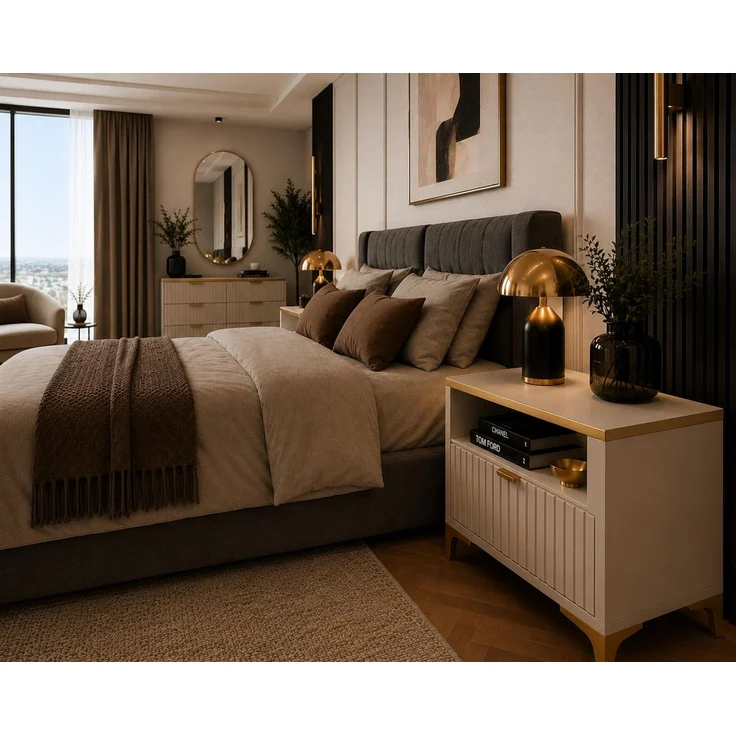 KRISAN MÖBEL Millie Nachttisch mit geriffelter Front Kaschmir und goldenen Metallfüßen 42x45x30 cm in Beige, Gold – Bild 3
