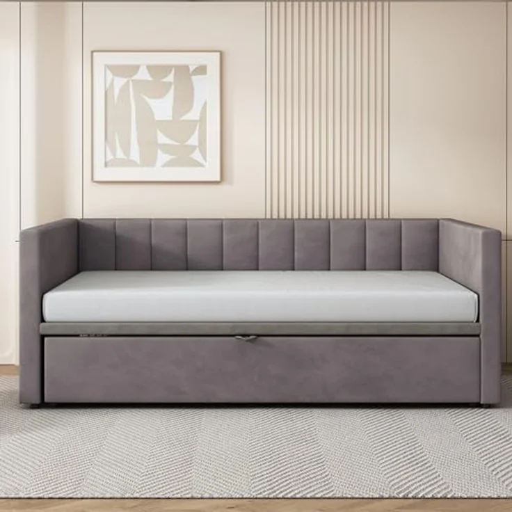 Odikalo Schlafsofa Polsterbett Ausziehbar 90/180*200cm Lattenrosten Samtstoff Beige/Grau – Bild 5