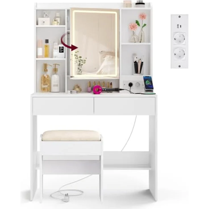 VASAGLE Schminktisch mit Beleuchtung und Hocker Set | Kosmetiktisch mit Spiegel und 2 Schubladen, Steckdosen, Gepolsterter Hocker, für Schlafzimmer, Weiß RDT143WB01-01 – Bild 1
