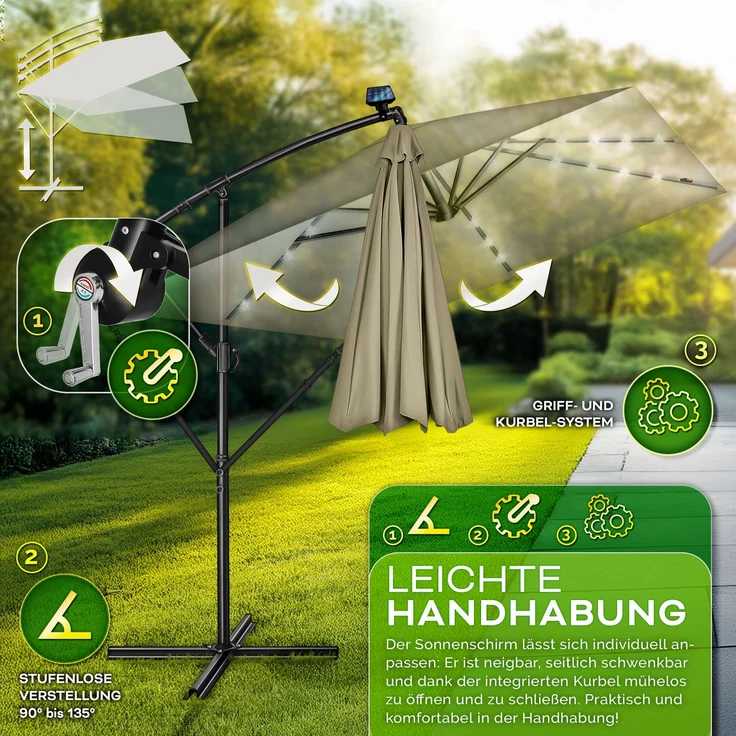tillvex® Alu Sonnenschirm Rechteckig Ø 330 cm mit LED Solar Braun + Abdeckung mit Kurbel | Ampelschirm mit Ständer & Windschutz | Gartenschirm UV-Schutz, wasserdicht, 360° drehbar | Kurbelschirm Marktschirm – Bild 5