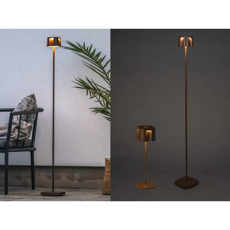 SET Akku Stehlampe 120cm & Tischleuchte 36cm für Outdoor kabellos Rostoptik