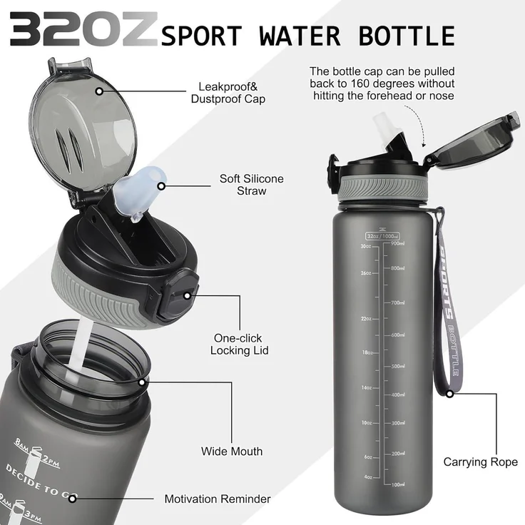 Sport Trinkflasche 1L BPA-frei mit Stroh Mattgrau Zeitmarkierungen – Bild 2